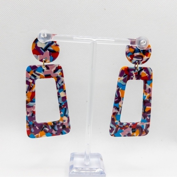 Rainbow Acrylic Trapezoidal Dangle Earrings - Picture 5 of 8